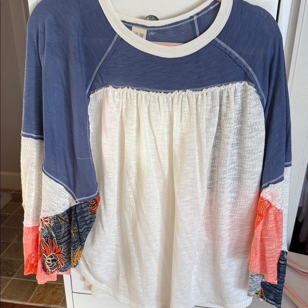 We The Free Navy and Cream Long Sleeve Top with Vibrant Sleeves